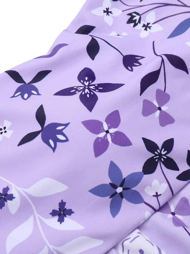 Purple 1930s Floral Irregular Shoulder Straps Swimsuit