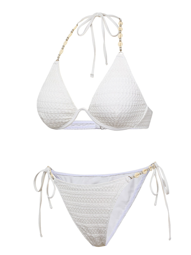 White 1960s Solid Boho Halter Bikini
