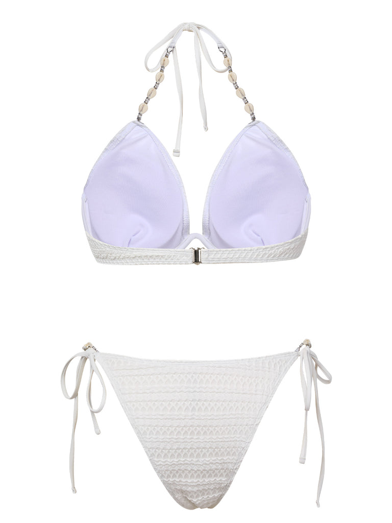 White 1960s Solid Boho Halter Bikini