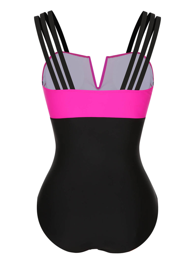 Black & Rose Red 1960s Color Block Swimsuit