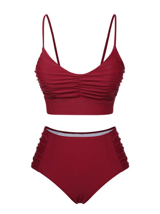 Wine Red 1930s Solid Wrinkle Swimsuit