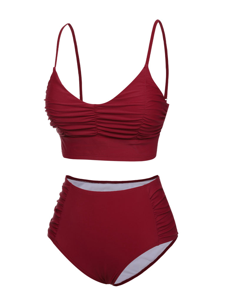 Wine Red 1930s Solid Wrinkle Swimsuit