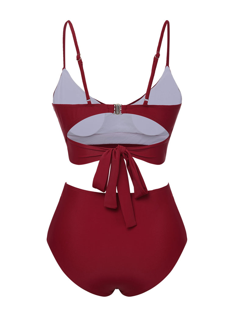Wine Red 1930s Solid Wrinkle Swimsuit