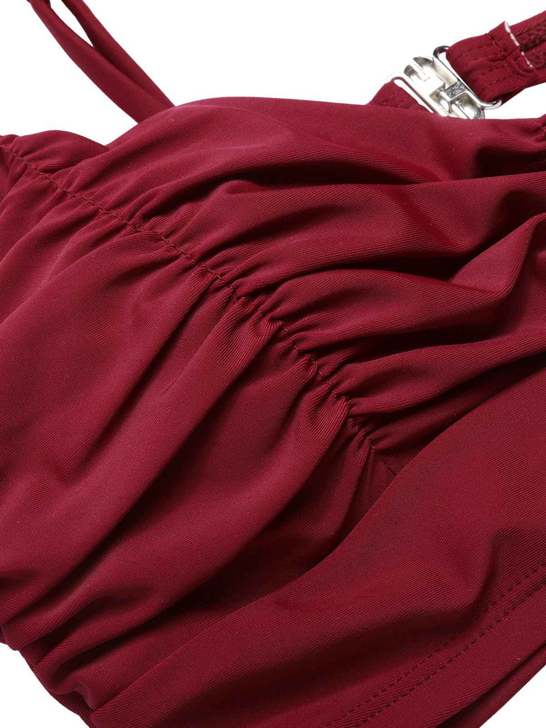 Wine Red 1930s Solid Wrinkle Swimsuit