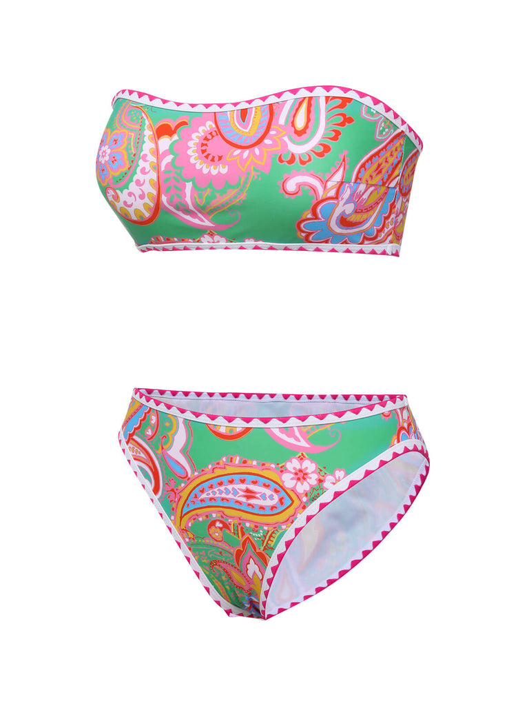 Green 1970s Hippie Print Bandeau Bikini