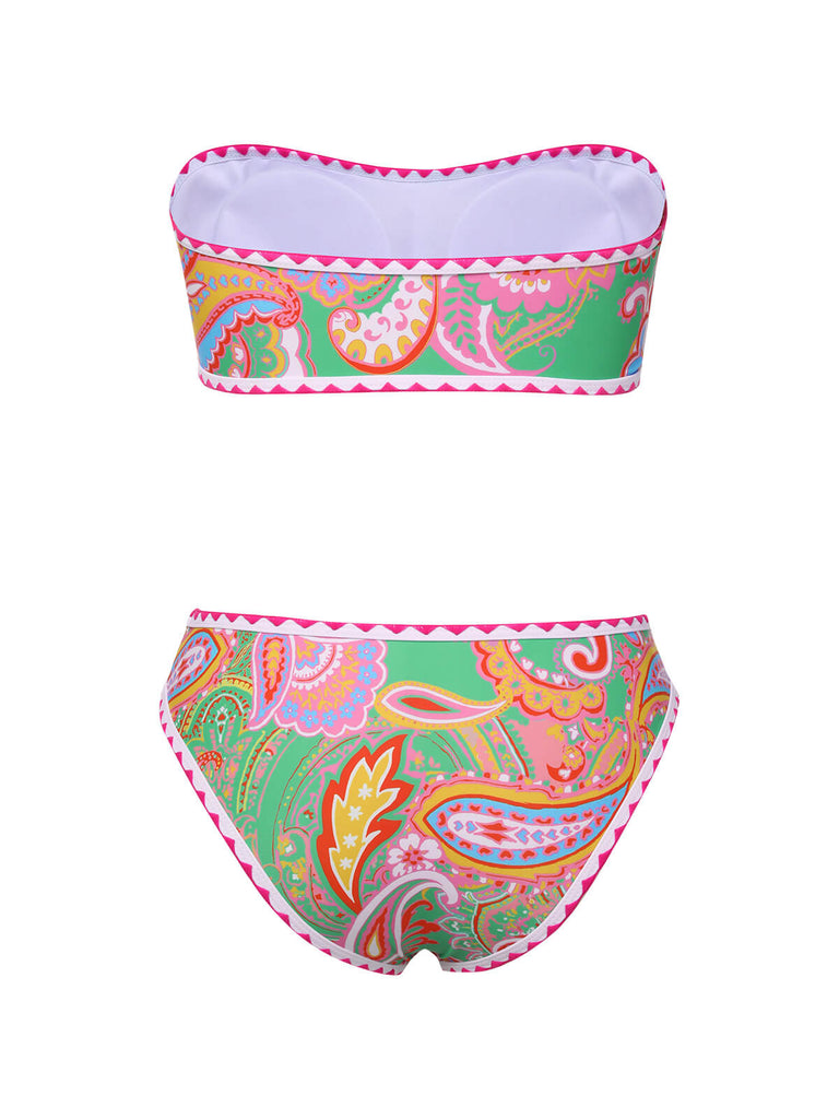 Green 1970s Hippie Print Bandeau Bikini