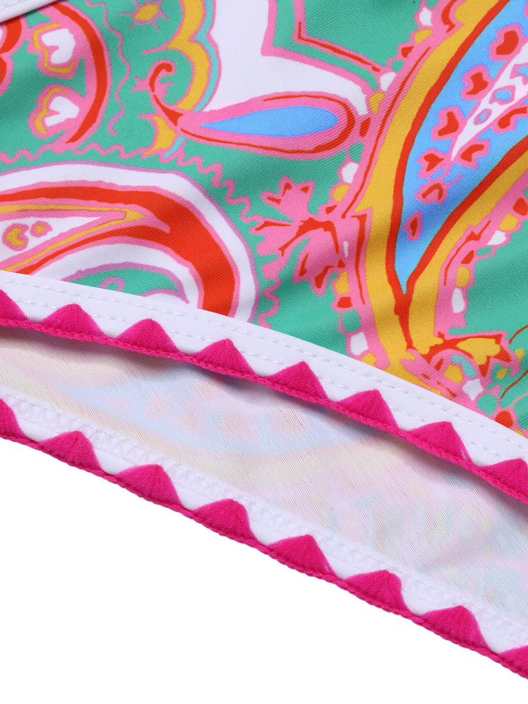 Green 1970s Hippie Print Bandeau Bikini