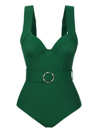 Green 1930s Solid Belt Backless Swimsuit