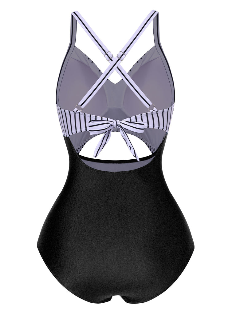 Black 1940s Stripe Patchwork Hollow One-Piece Swimsuit