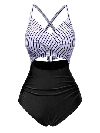 Black 1940s Stripe Patchwork Hollow One-Piece Swimsuit