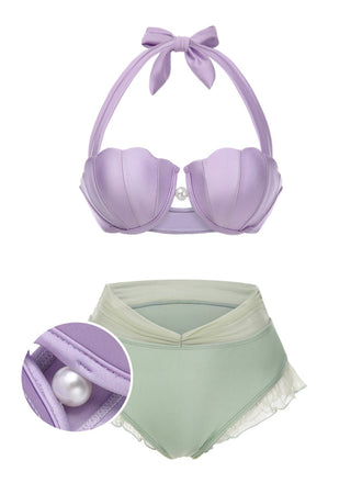 [US Warehouse] Lavender 1970s Mermaid Shell Halter Bikini Set