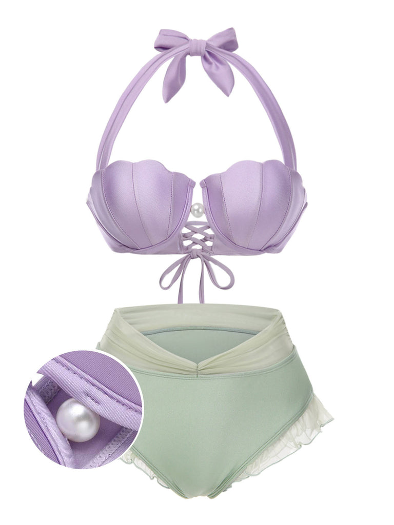 [US Warehouse] Lavender 1970s Mermaid Shell Halter Bikini Set