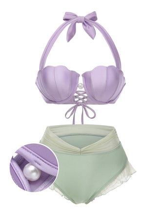 Lavender 1970s Mermaid Shell Halter Bikini Set