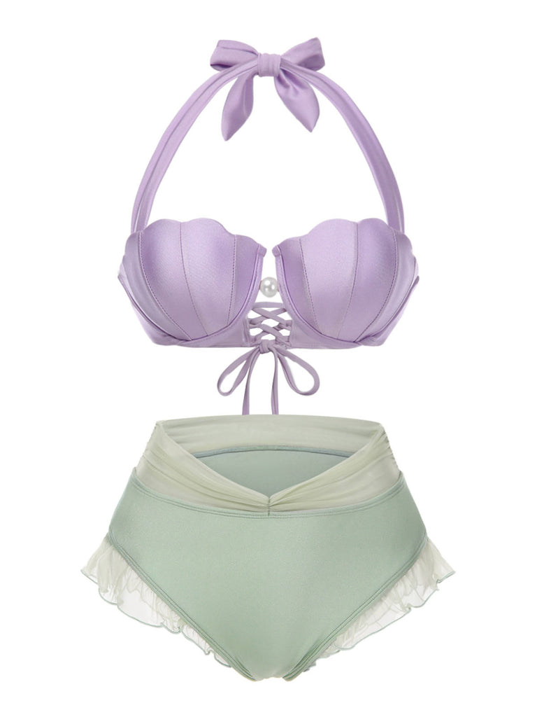 Lavender 1970s Mermaid Shell Halter Bikini Set