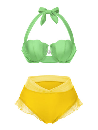 Yellow 1970s Mermaid Shell Halter Bikini Set