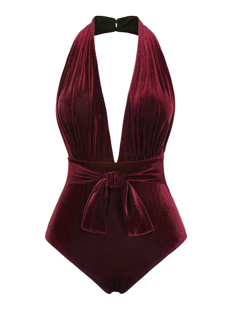 [Pre-Sale] Wine Red 1970s Velvet Deep V-Neck Swimsuit