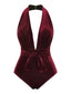 [Pre-Sale] Wine Red 1970s Velvet Deep V-Neck Swimsuit