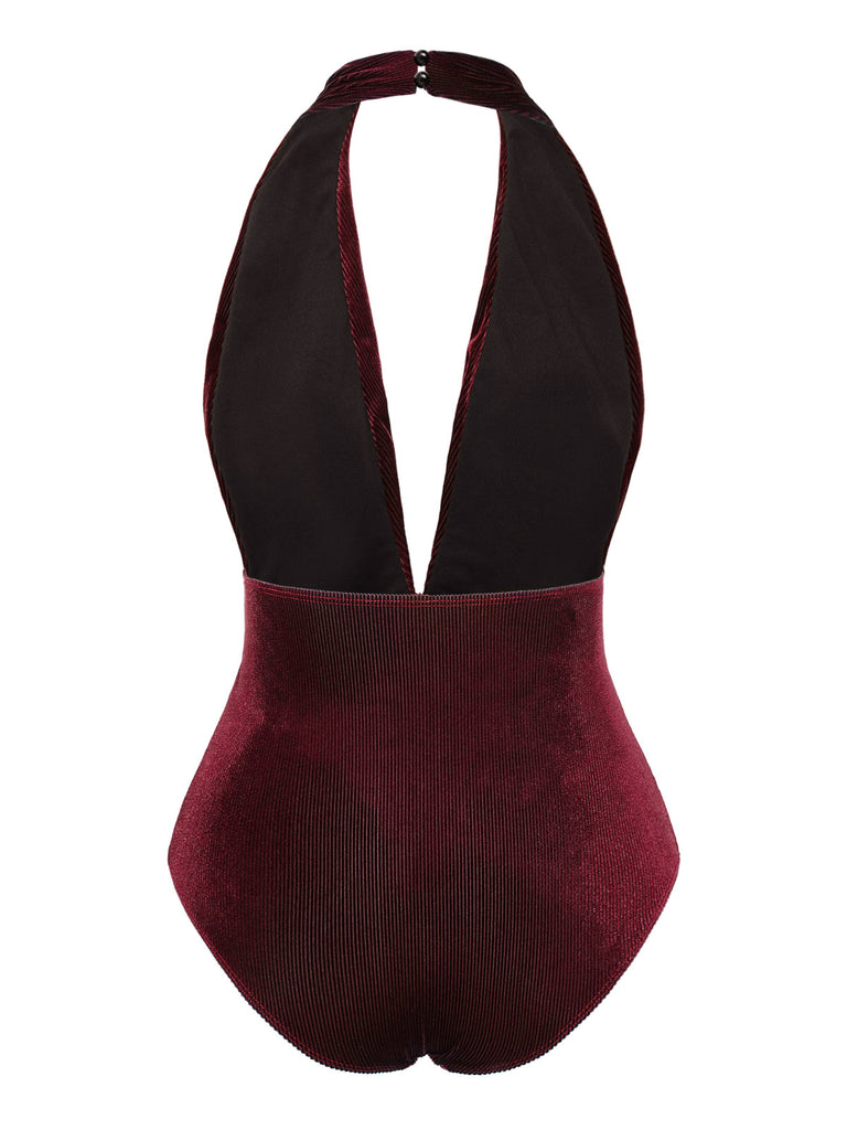 [Pre-Sale] Wine Red 1970s Velvet Deep V-Neck Swimsuit