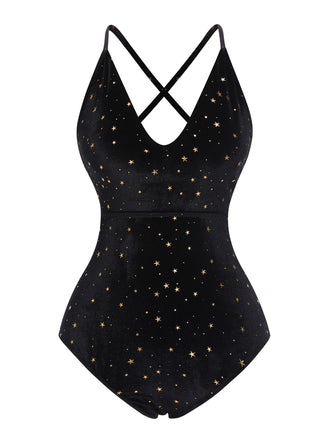 Black 1960s Velvet Back Cross Straps Swimsuit