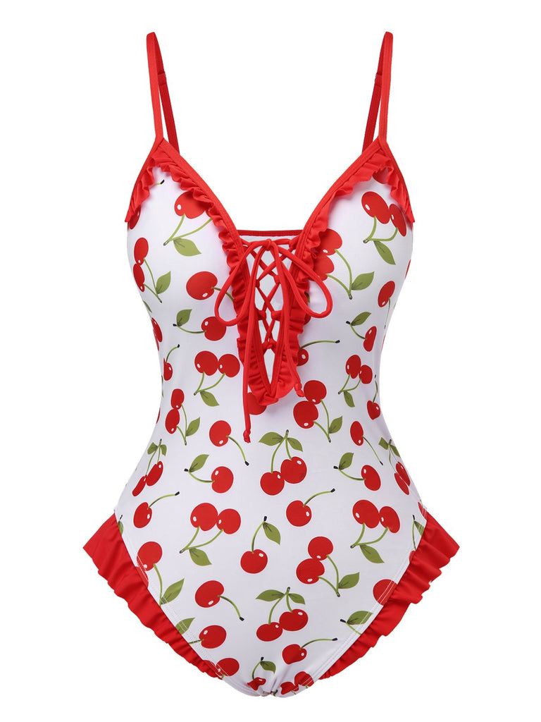 Red 1950s Cherry Lace-Up Ruffled Swimsuit