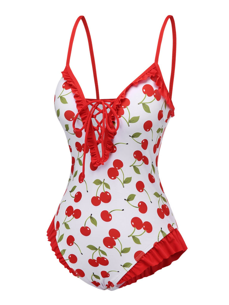 Red 1950s Cherry Lace-Up Ruffled Swimsuit