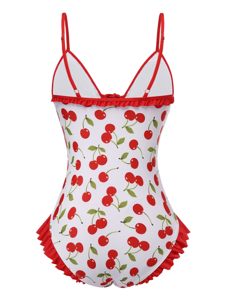 Red 1950s Cherry Lace-Up Ruffled Swimsuit