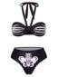 Black 1970s Skeleton Hand Halter Bikini Set