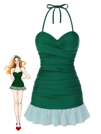 [US Warehouse] Green 1930s Striped Ruffles Ruched Halter Swimsuit