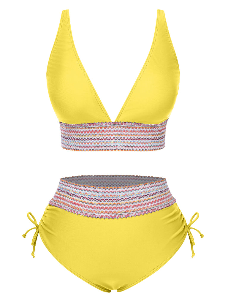 1970s V-Neck Patchwork High-Waist Bikini