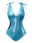 [Pre-Sale] Blue 1970s Bow Deep V Gloss Hollow Swimsuit