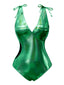 [Pre-Sale] Green 1970s Bow Deep V Gloss Hollow Swimsuit