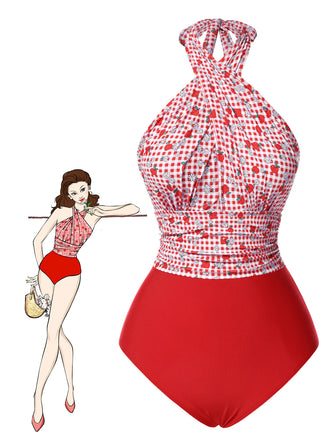 Red 1950s Apple Plaid Wrapped Swimsuit