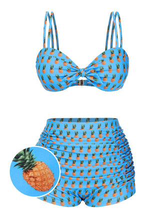 Blue 1950s Pineapple Strap Bow Swimsuit