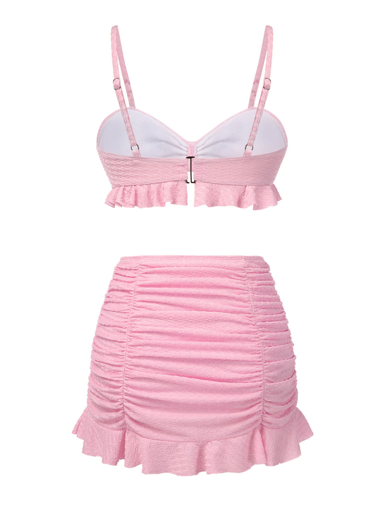 Pink 1950s Spaghetti Strap Ruffle Solid Swimsuit