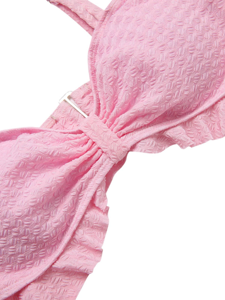Pink 1950s Spaghetti Strap Ruffle Solid Swimsuit