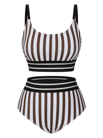 1950s U-Neck Vertical Stripes Straps Swimsuit