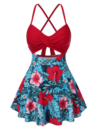 Multicolor 1940s Floral Hollow Straps Swim Dress