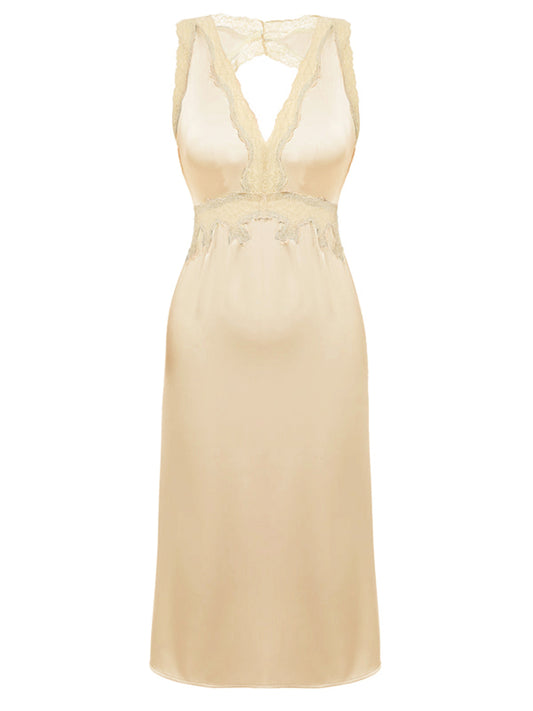 1950s Lace Backless V-Neck Satin Sleepwear
