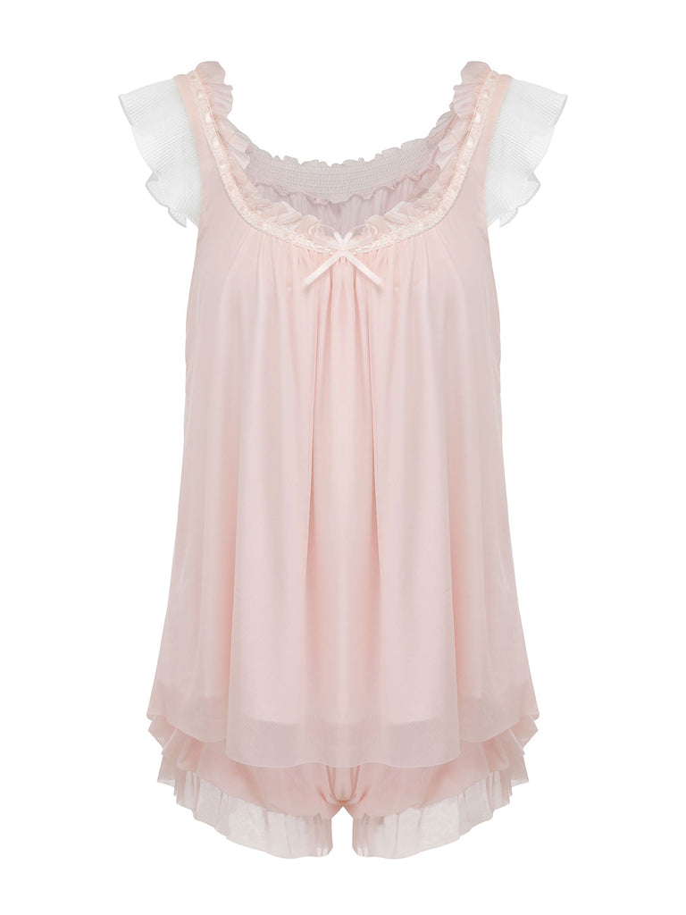 Pink 1950s Ruffle Neck Short Pajamas