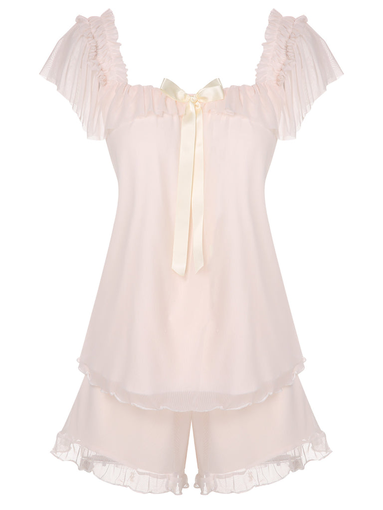 Pink 1950s Square Collar Ribbon Pajamas