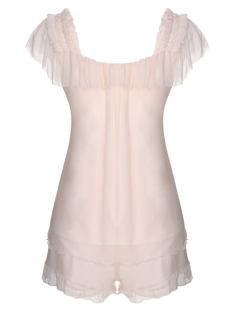 Pink 1950s Square Collar Ribbon Pajamas
