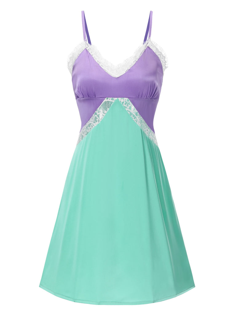 [Pre-Sale] Green & Purple 1950s Lace Patchwork Straps Nightgown