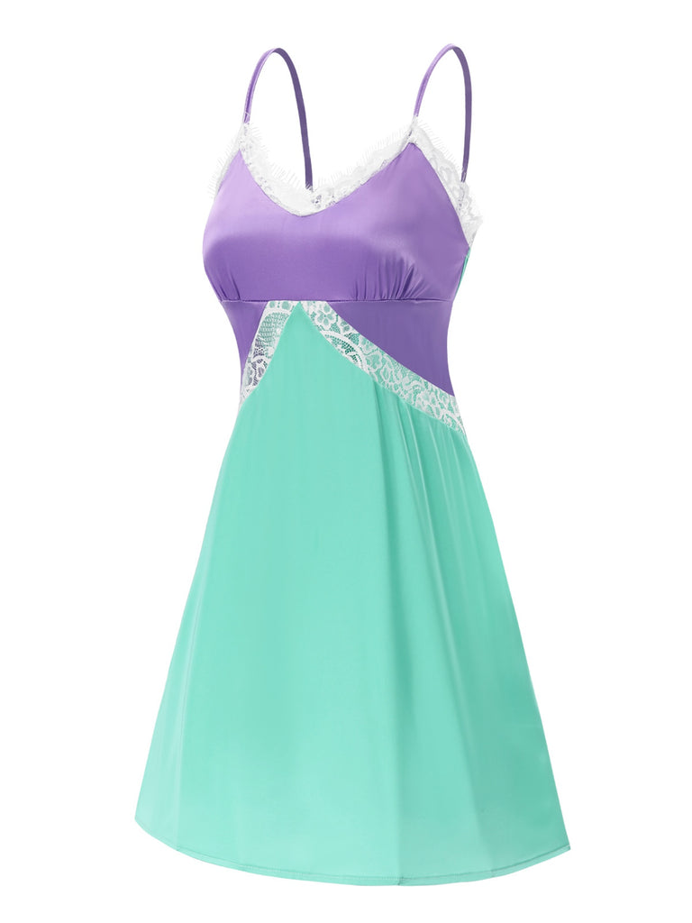 [Pre-Sale] Green & Purple 1950s Lace Patchwork Straps Nightgown