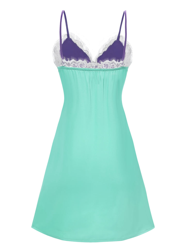 [Pre-Sale] Green & Purple 1950s Lace Patchwork Straps Nightgown