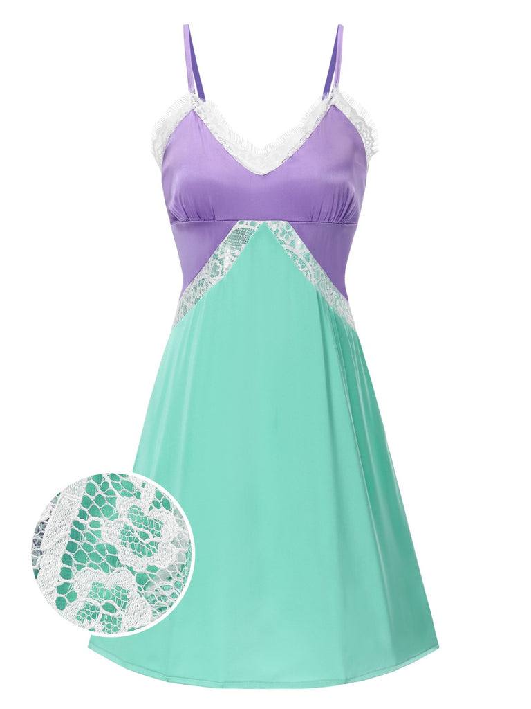 [Pre-Sale] Green & Purple 1950s Lace Patchwork Straps Nightgown