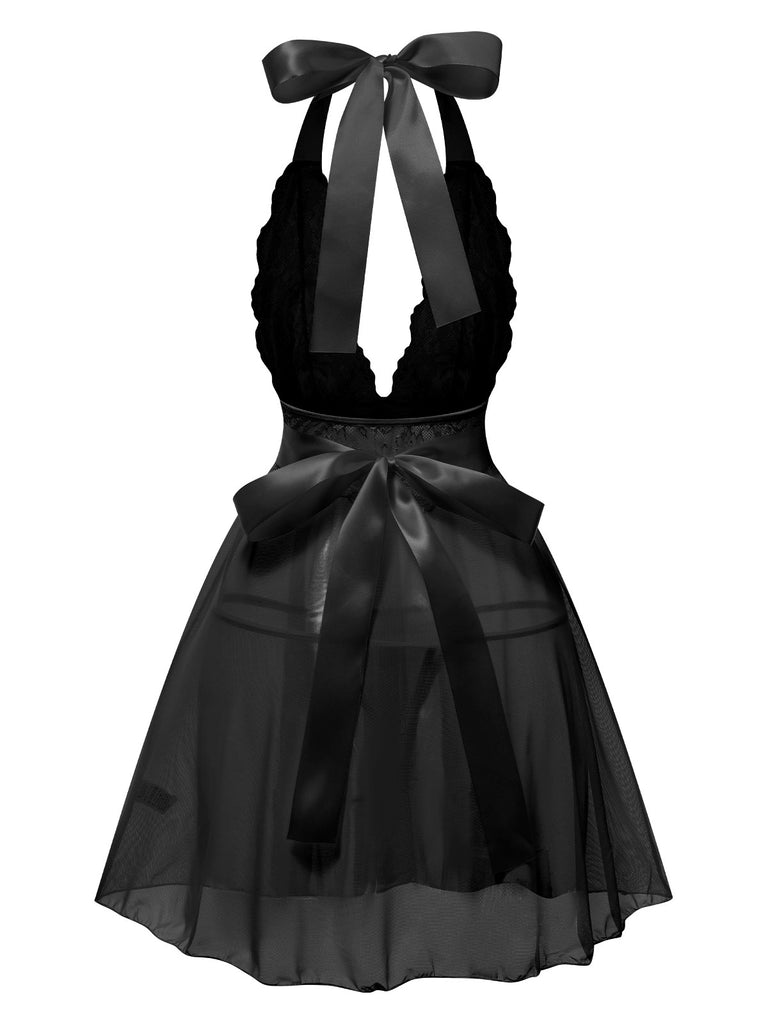 1950s V-Neck Halter Lace Sheer Nightgown