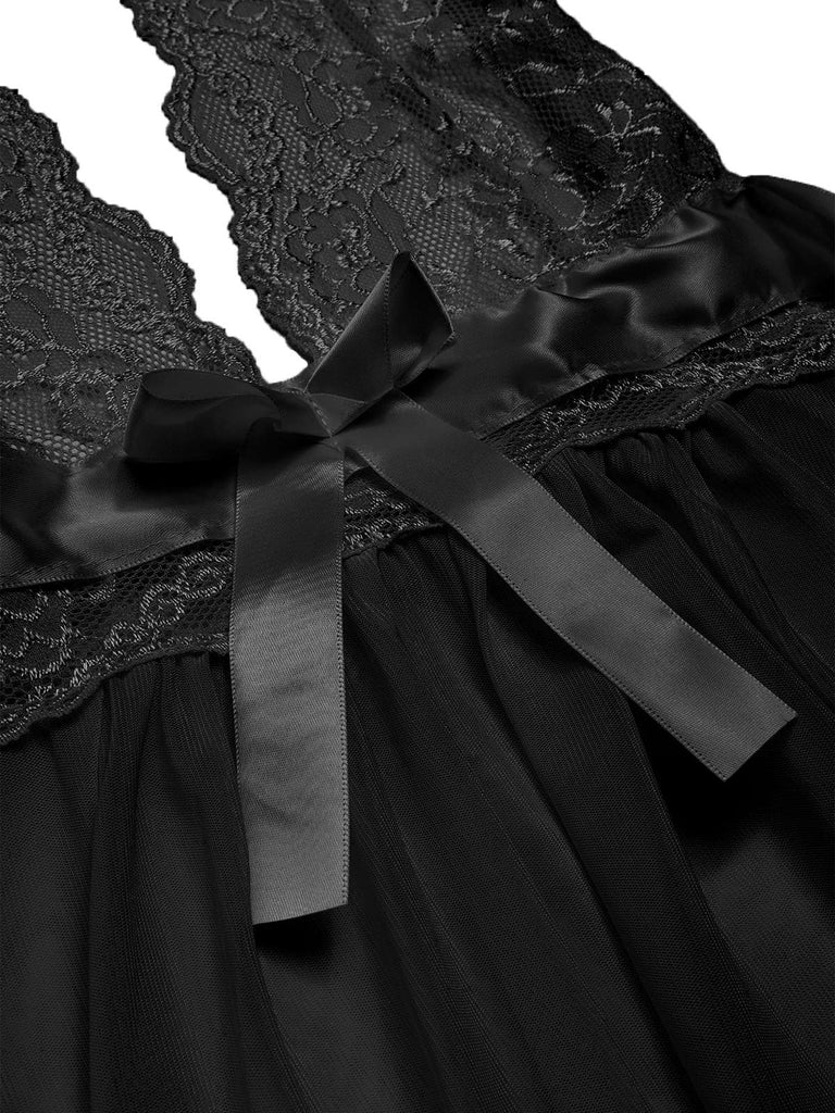 1950s V-Neck Halter Lace Sheer Nightgown
