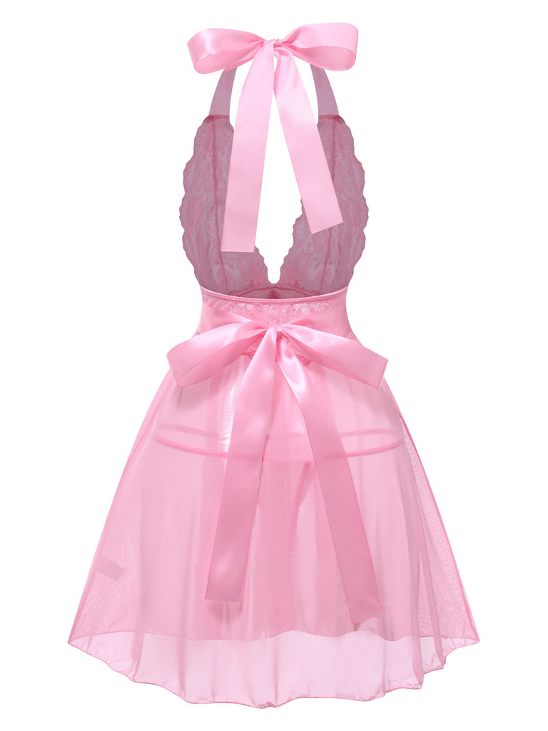 1950s V-Neck Halter Lace Sheer Nightgown