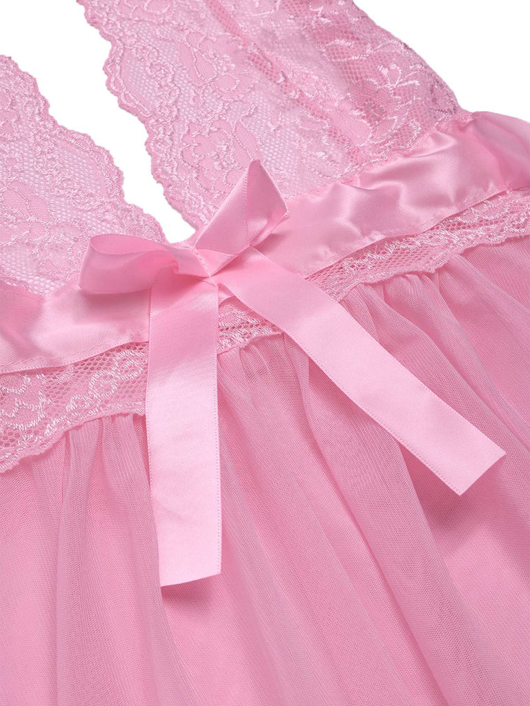 1950s V-Neck Halter Lace Sheer Nightgown