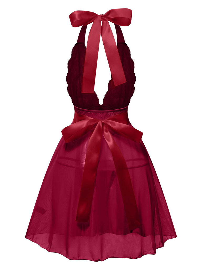 1950s V-Neck Halter Lace Sheer Nightgown